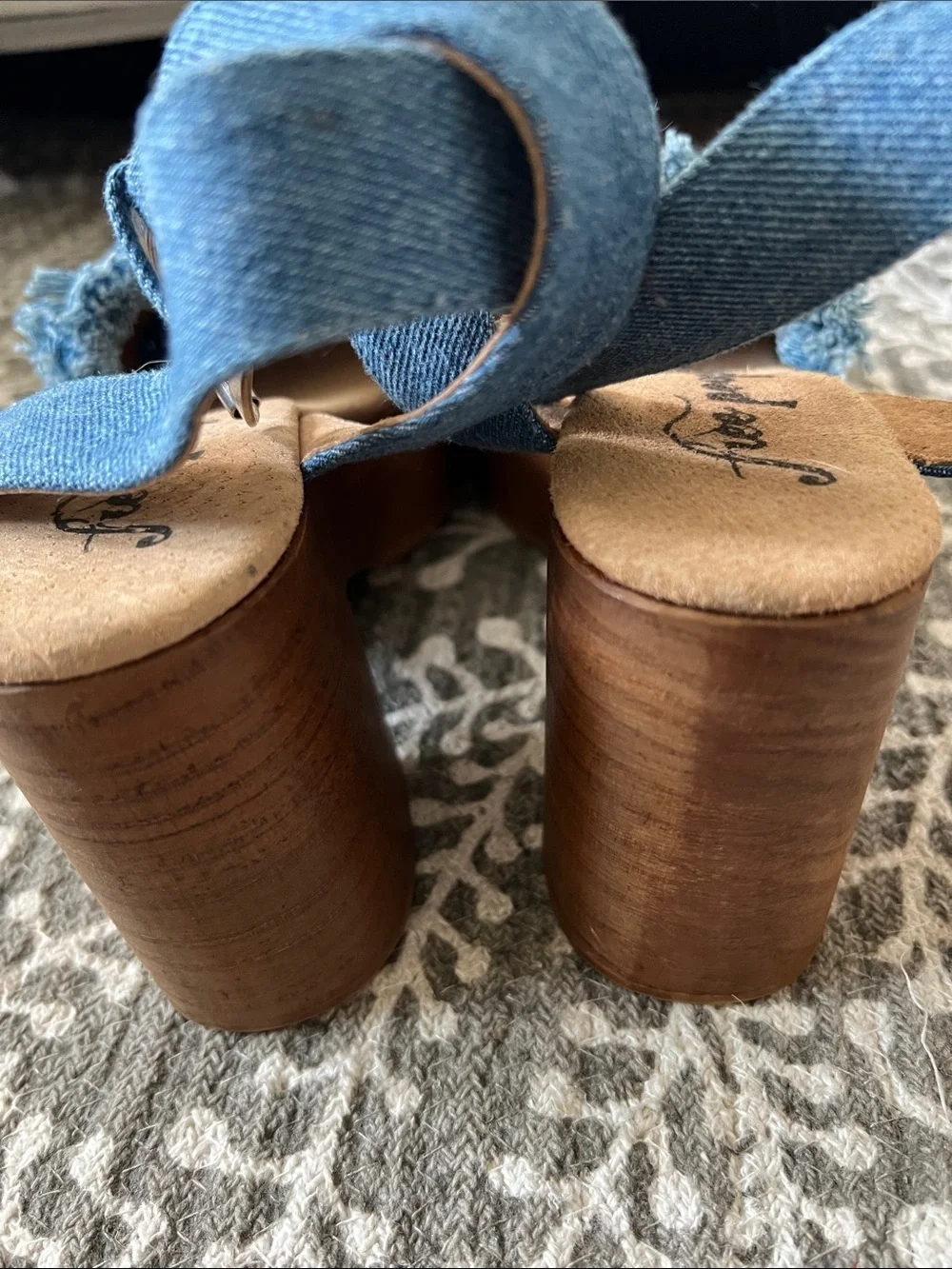 Free people frayed denim chunky wood heel platform sandals